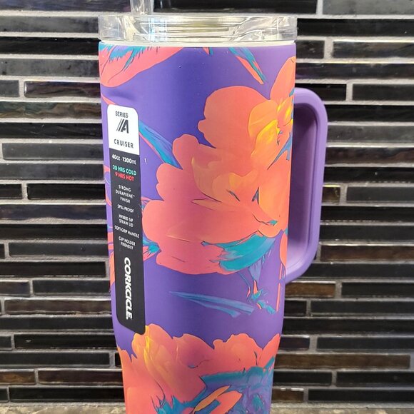 NEW CORKSICLE WATER JUICE BOTTLE TUMBLER 40 OZ FLOWER BLOOM STAINLESS STEEL - Picture 1 of 12